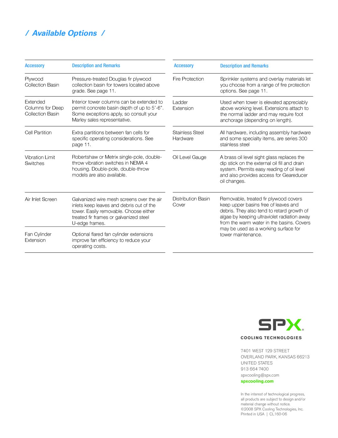 SPX Cooling Technologies 160 manual Accessory Description and Remarks 