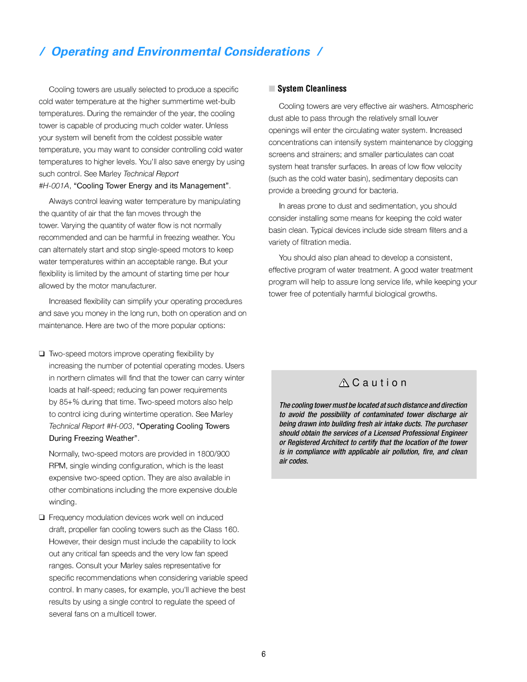 SPX Cooling Technologies 160 manual Operating and Environmental Considerations, System Cleanliness 