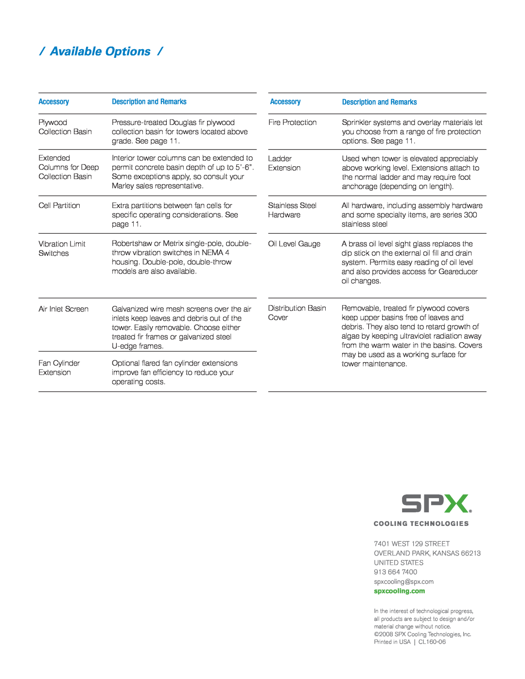SPX Cooling Technologies 160 manual Available Options, Accessory, Description and Remarks 