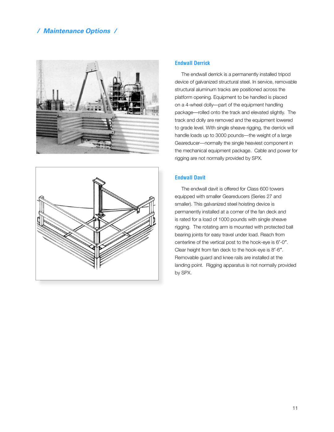 SPX Cooling Technologies 600 manual Maintenance Options, Endwall Derrick, Endwall Davit 