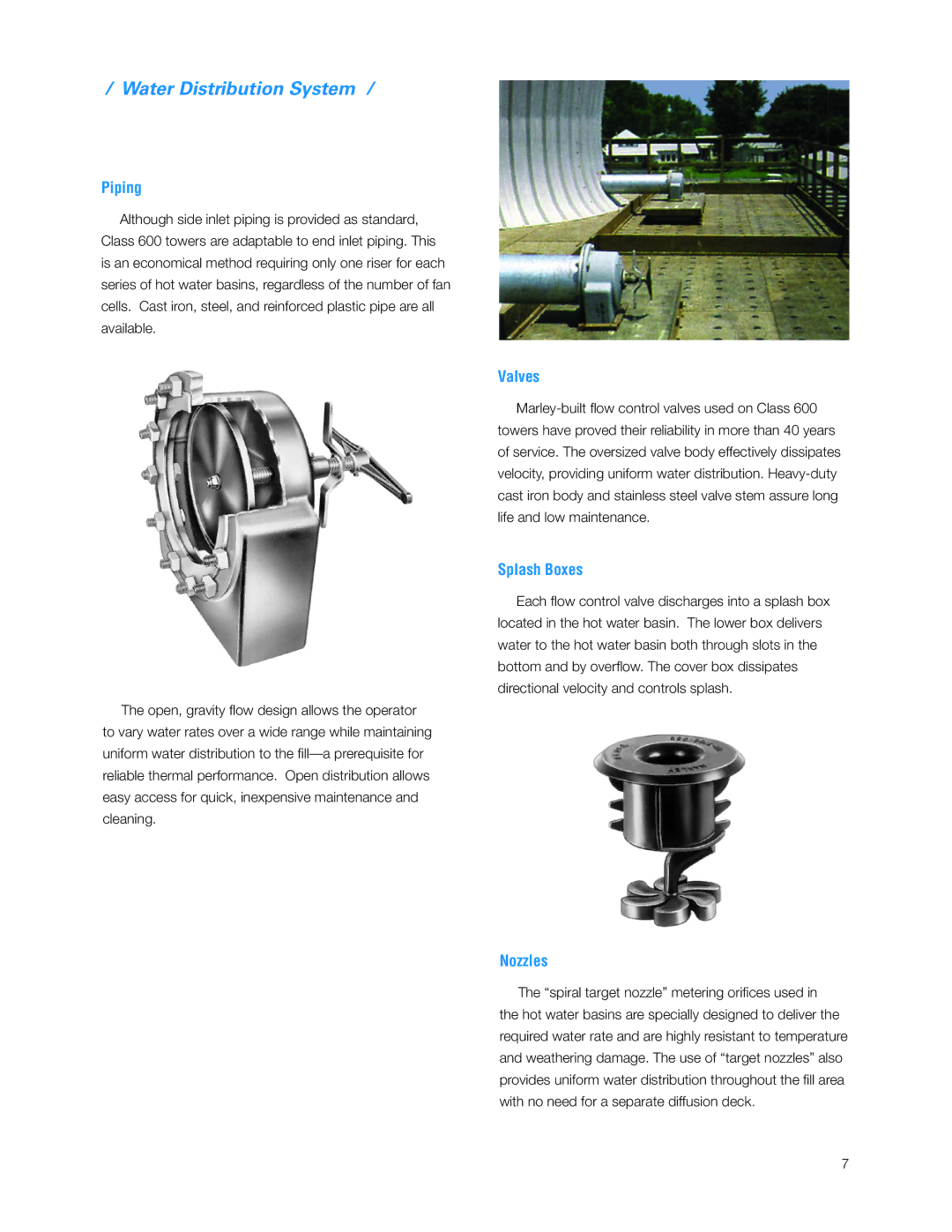 SPX Cooling Technologies 600 manual Water Distribution System, Piping, Valves, Splash Boxes, Nozzles 