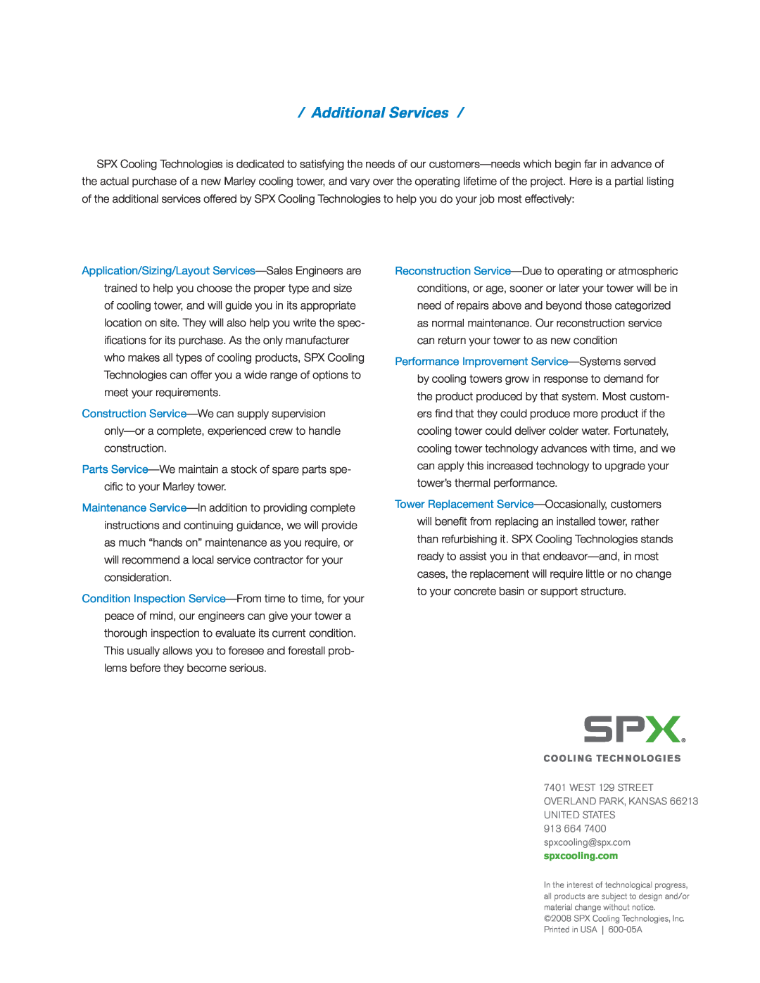 SPX Cooling Technologies 600 manual Additional Services 