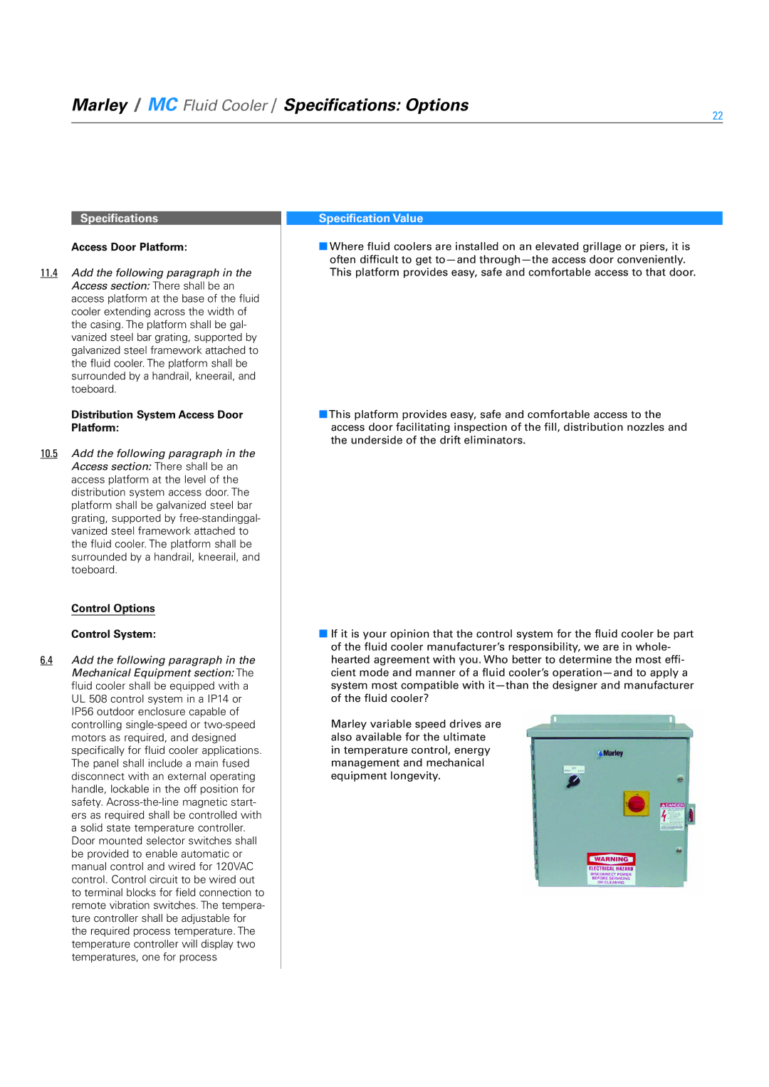 SPX Cooling Technologies 7012D081 - 7012H121 Distribution System Access Door Platform, Control Options Control System 