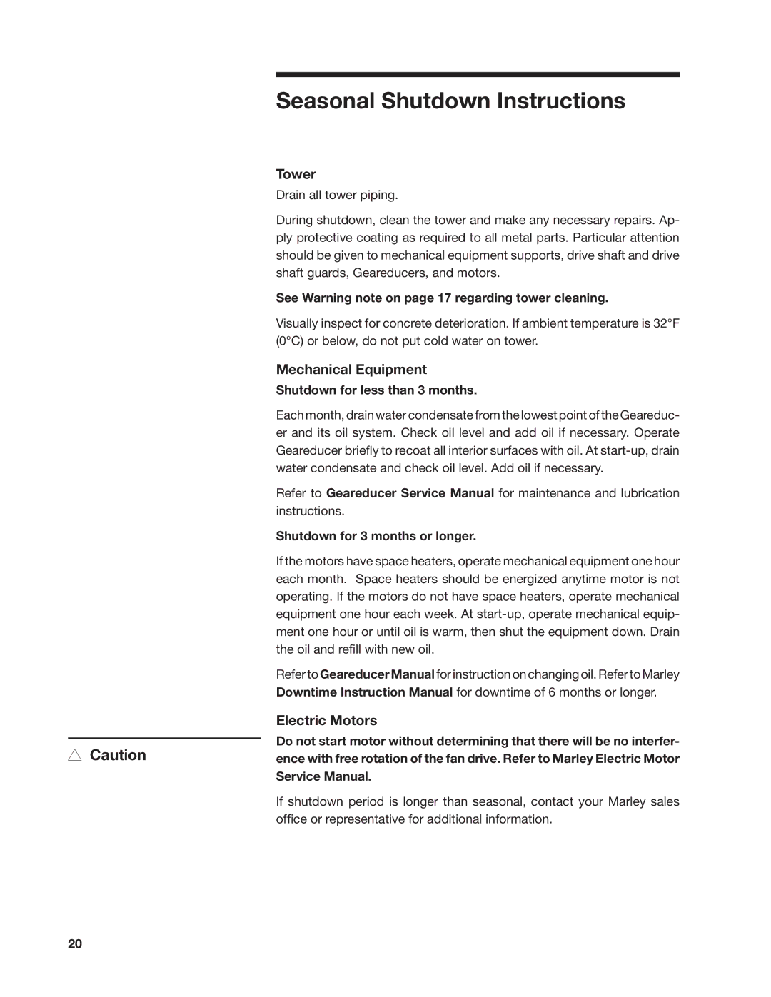 SPX Cooling Technologies 800 user manual Seasonal Shutdown Instructions, Tower, Mechanical Equipment, Electric Motors 