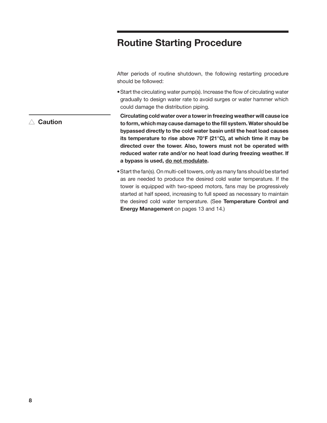 SPX Cooling Technologies 800 user manual Routine Starting Procedure 