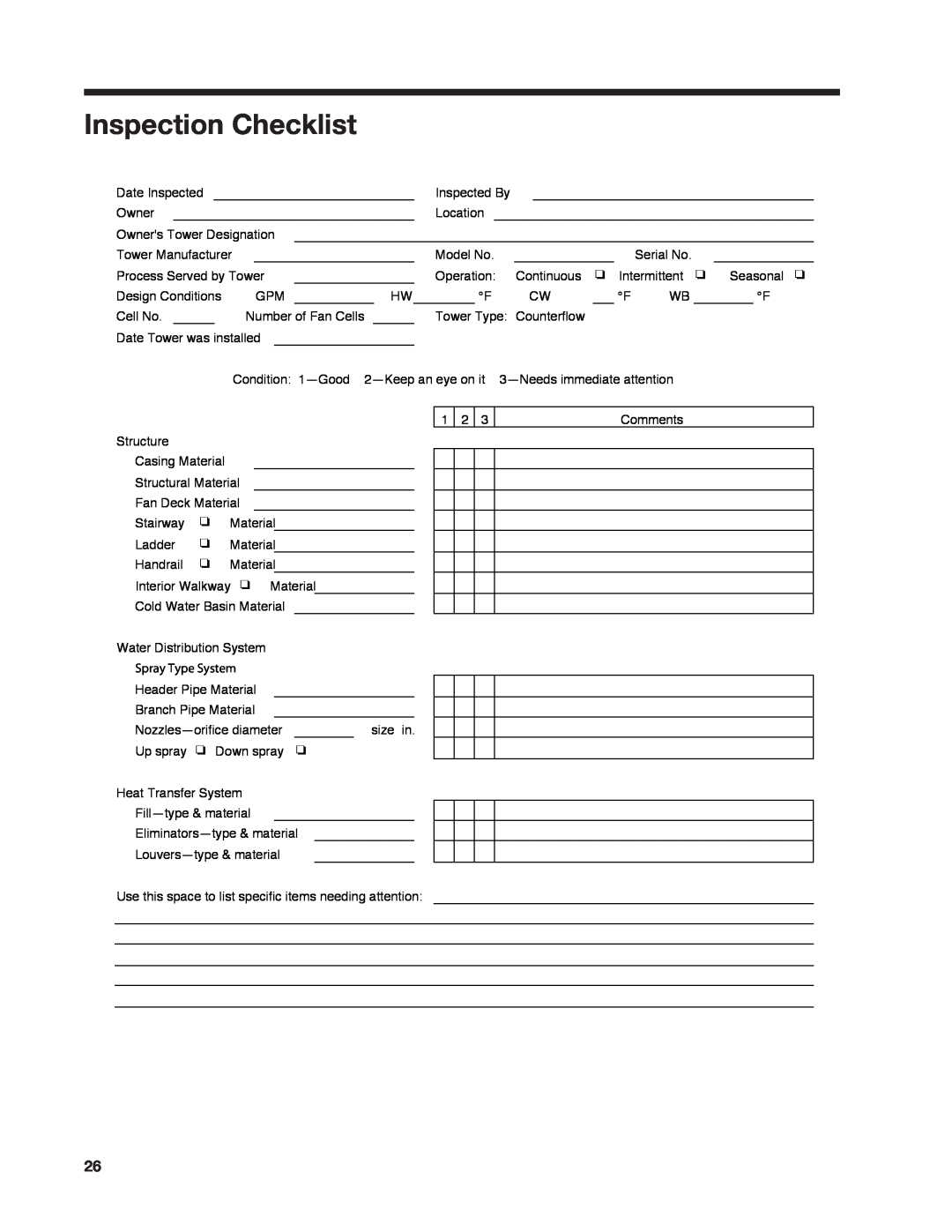 SPX Cooling Technologies 800 user manual Inspection Checklist 