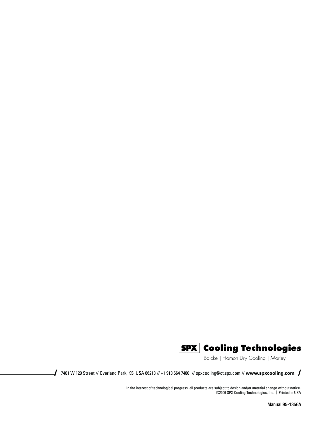 SPX Cooling Technologies 800 user manual Cooling Technologies, Balcke Hamon Dry Cooling Marley, Manual 95-1356A 