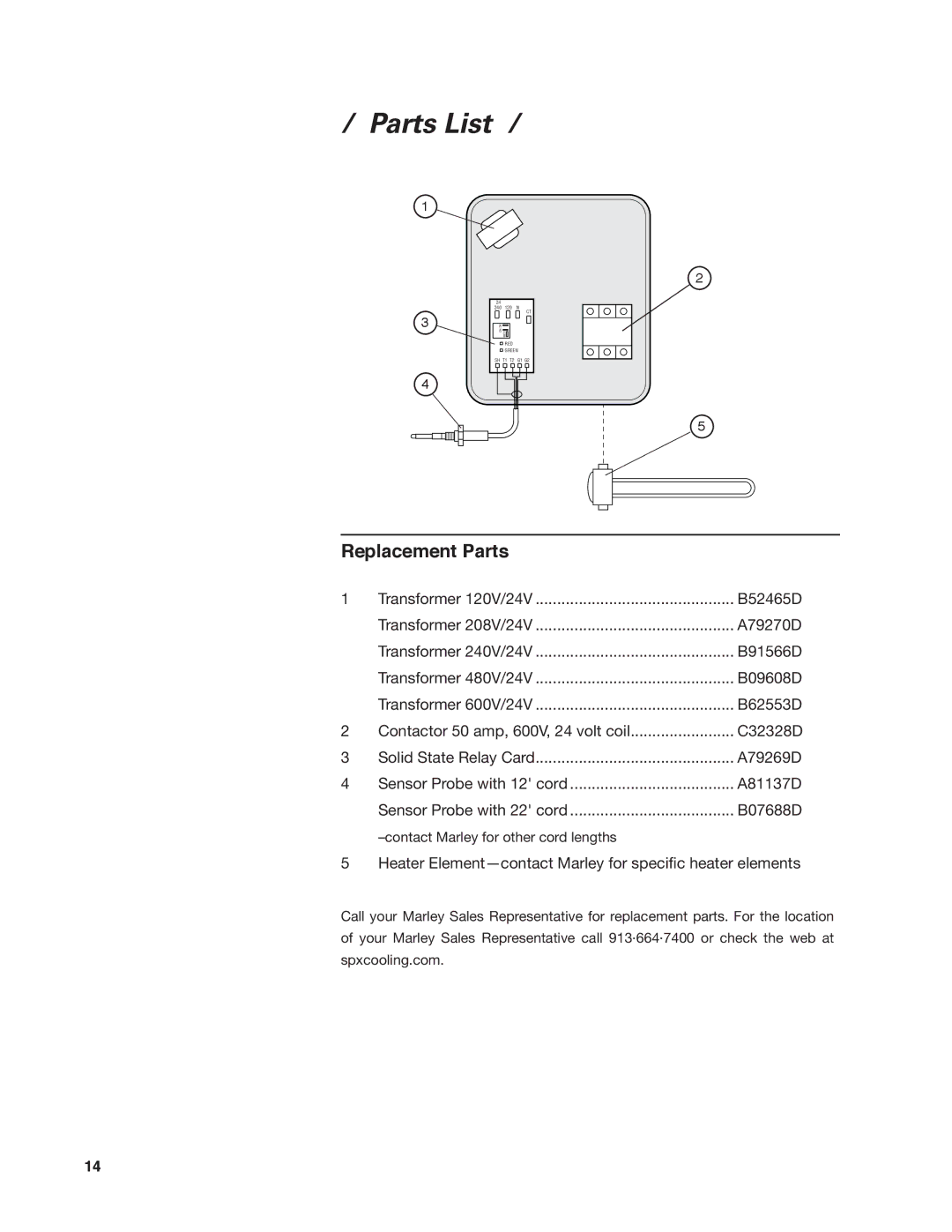 SPX Cooling Technologies 92-1322C user manual Parts List, Replacement Parts 