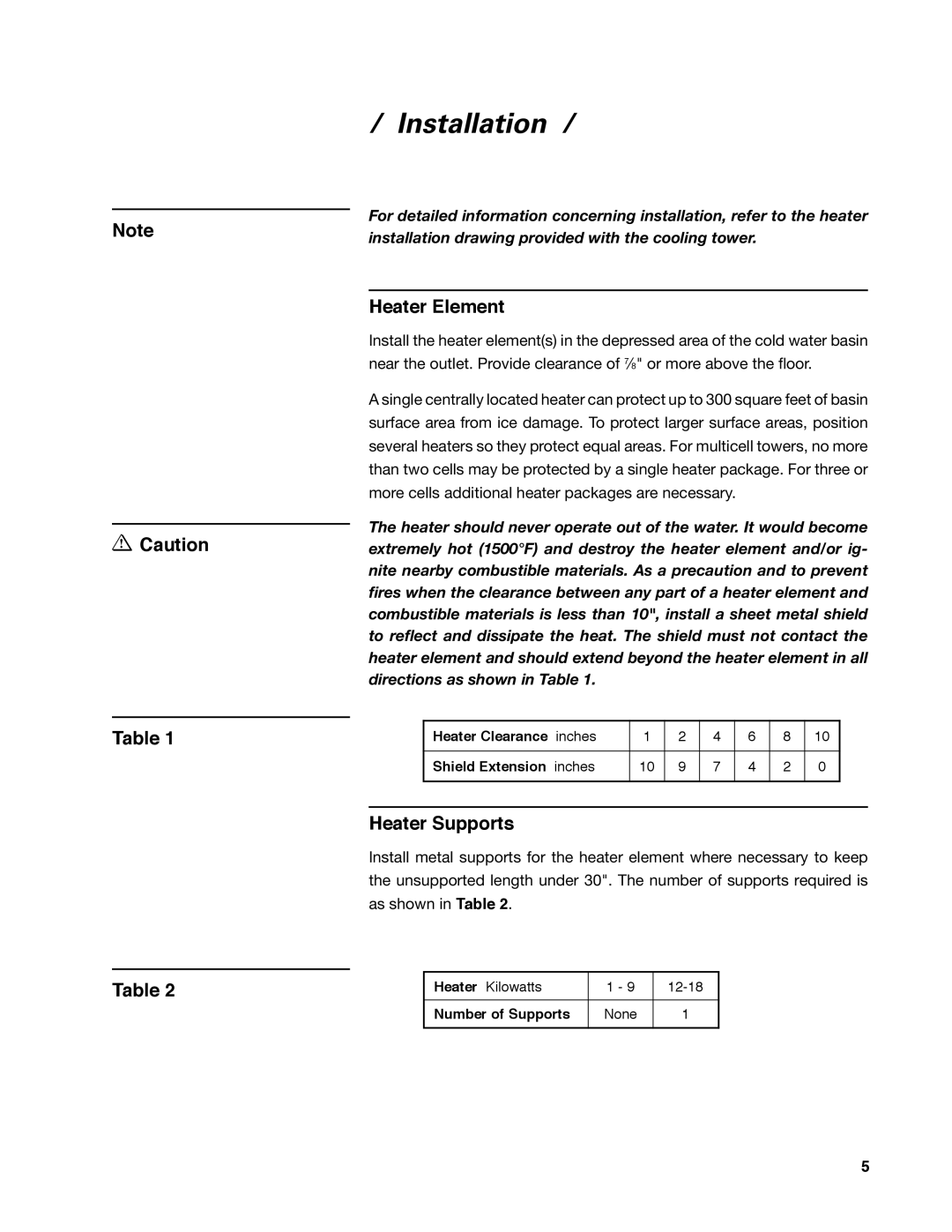 SPX Cooling Technologies 92-1322C user manual Installation, Heater Element, Heater Supports 