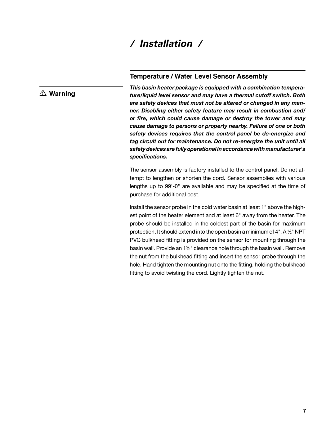 SPX Cooling Technologies 92-1322C user manual Temperature / Water Level Sensor Assembly 