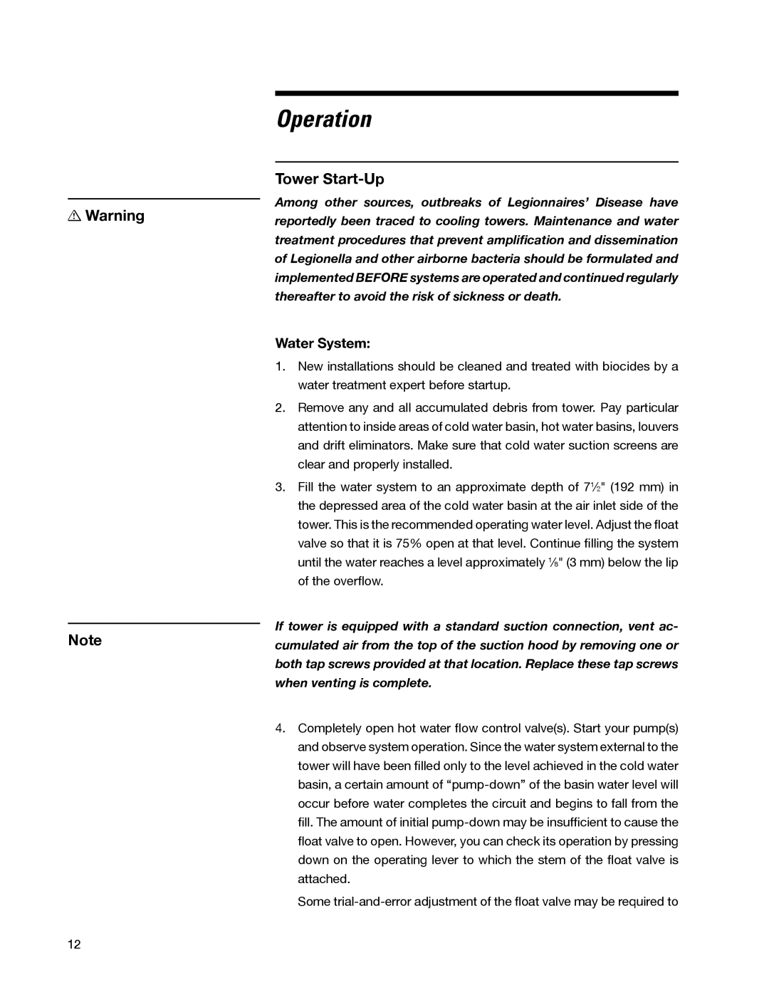 SPX Cooling Technologies 98-1514E user manual Operation, Tower Start-Up, Water System 