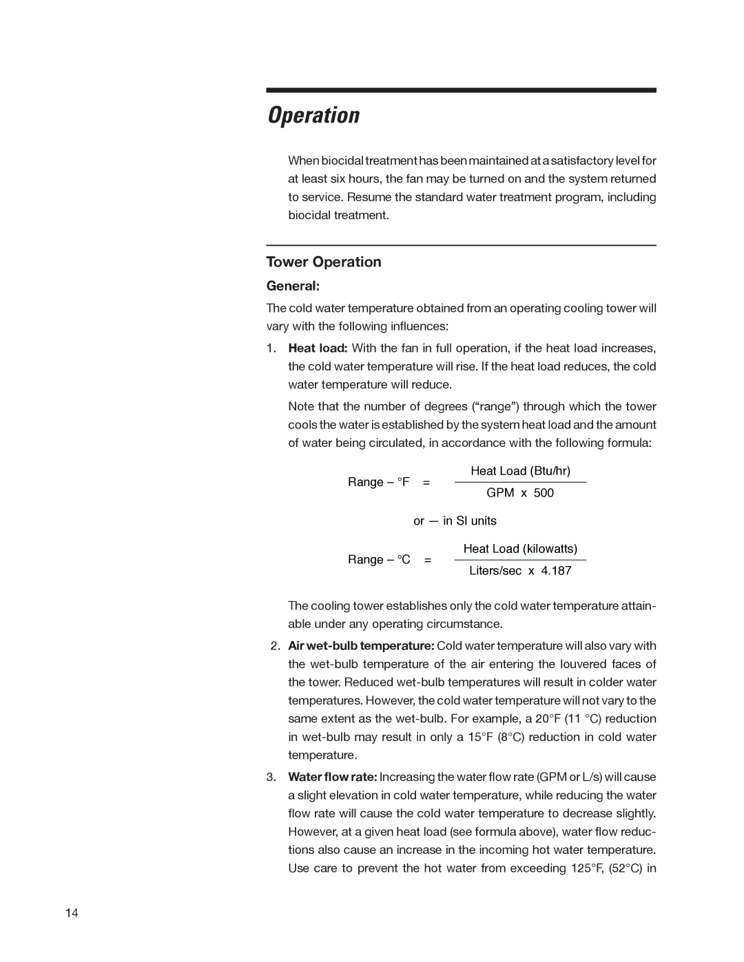 SPX Cooling Technologies 98-1514E user manual Tower Operation, General 