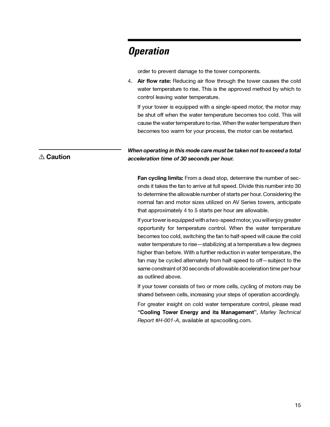 SPX Cooling Technologies 98-1514E user manual Acceleration time of 30 seconds per hour 