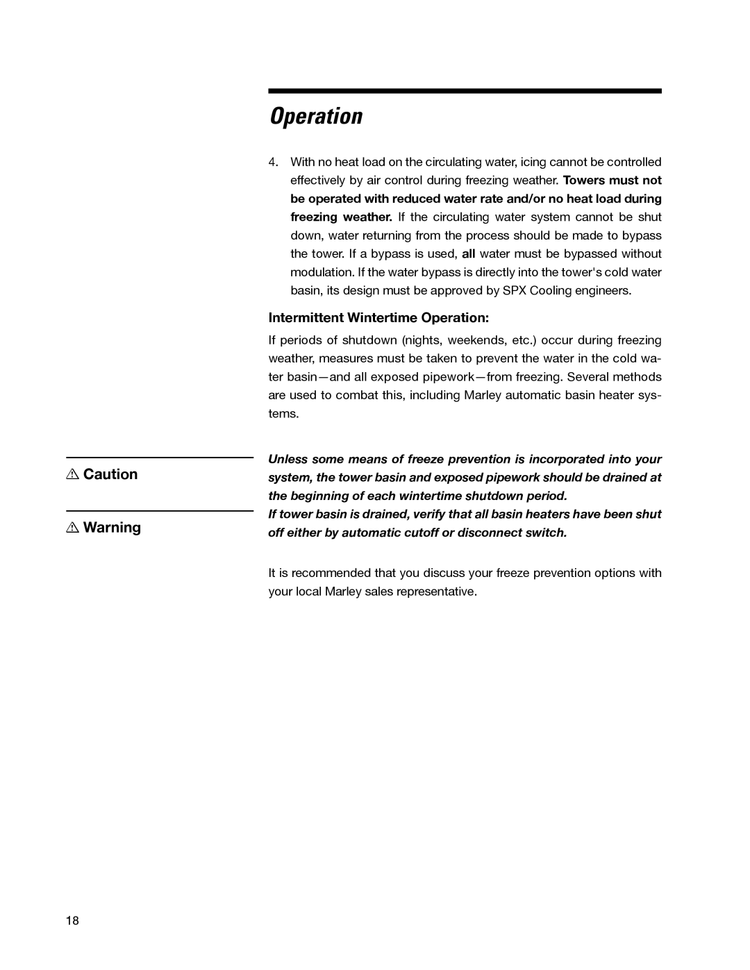 SPX Cooling Technologies 98-1514E user manual Intermittent Wintertime Operation 