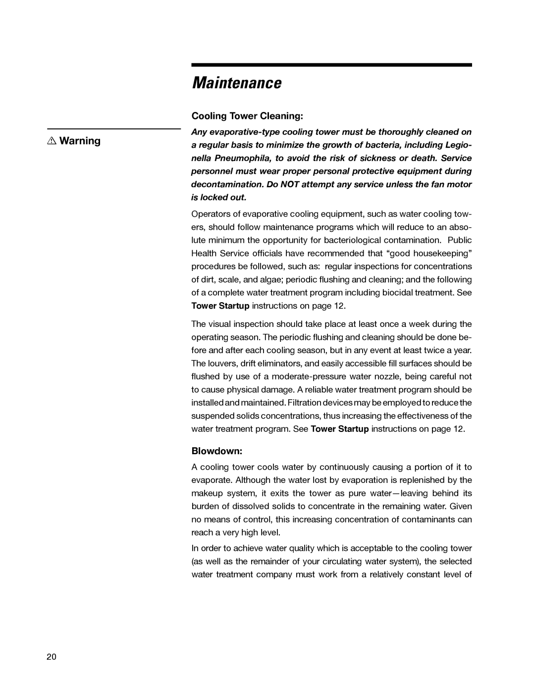 SPX Cooling Technologies 98-1514E user manual Maintenance, Cooling Tower Cleaning, Blowdown 