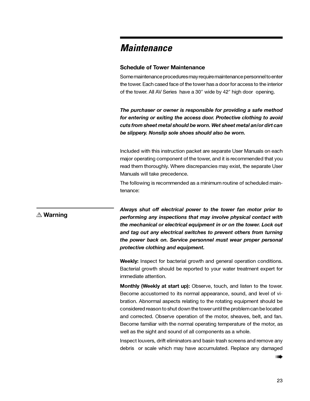 SPX Cooling Technologies 98-1514E user manual Schedule of Tower Maintenance 