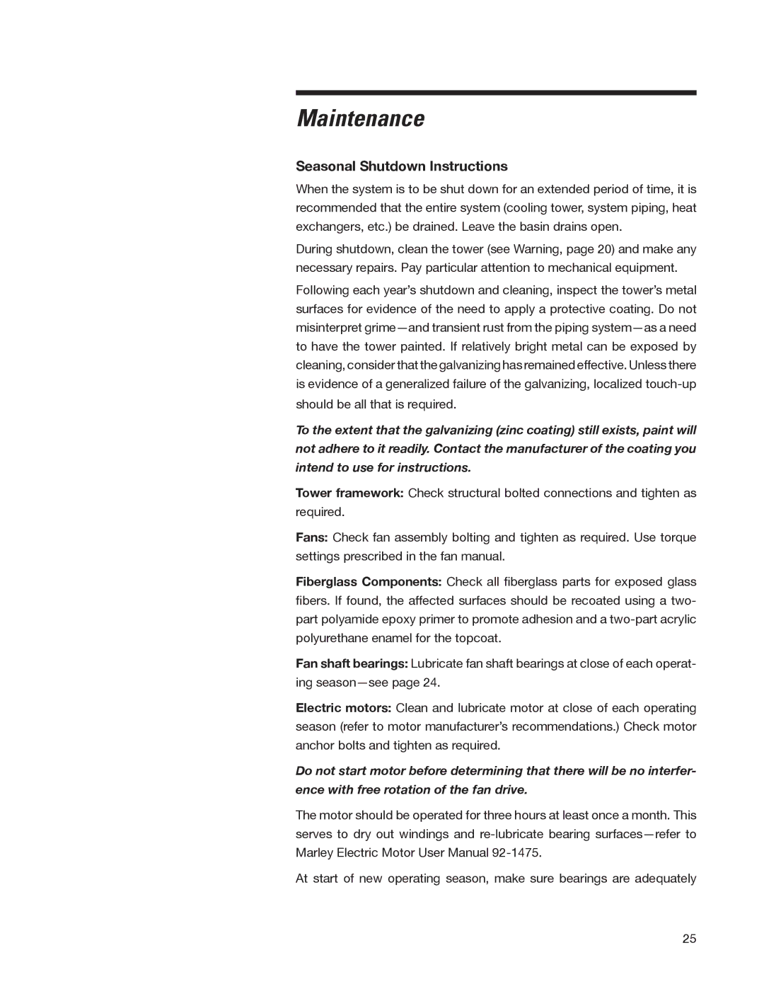 SPX Cooling Technologies 98-1514E user manual Seasonal Shutdown Instructions 