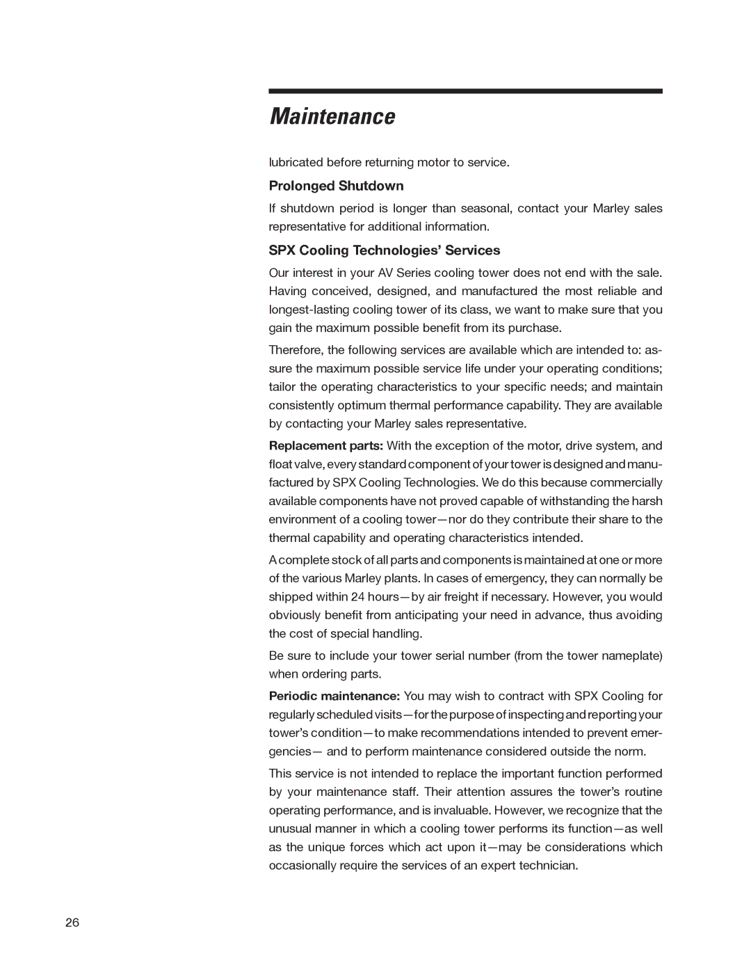 SPX Cooling Technologies 98-1514E user manual Prolonged Shutdown, SPX Cooling Technologies’ Services 