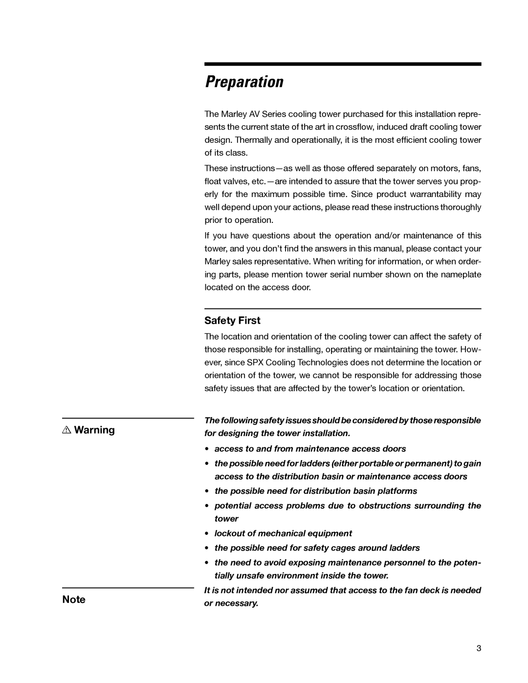 SPX Cooling Technologies 98-1514E user manual Preparation, Safety First 