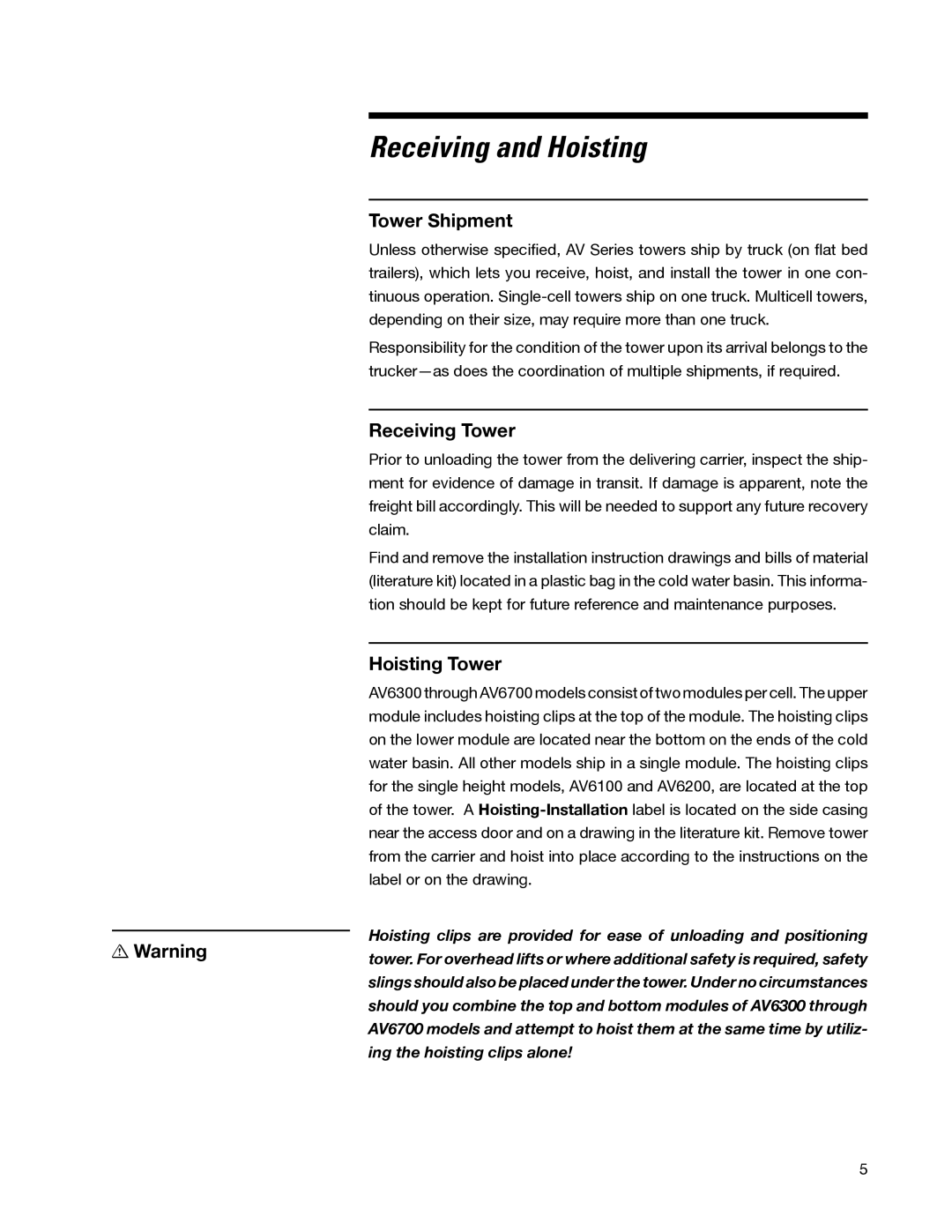 SPX Cooling Technologies 98-1514E user manual Receiving and Hoisting, Tower Shipment, Receiving Tower, Hoisting Tower 