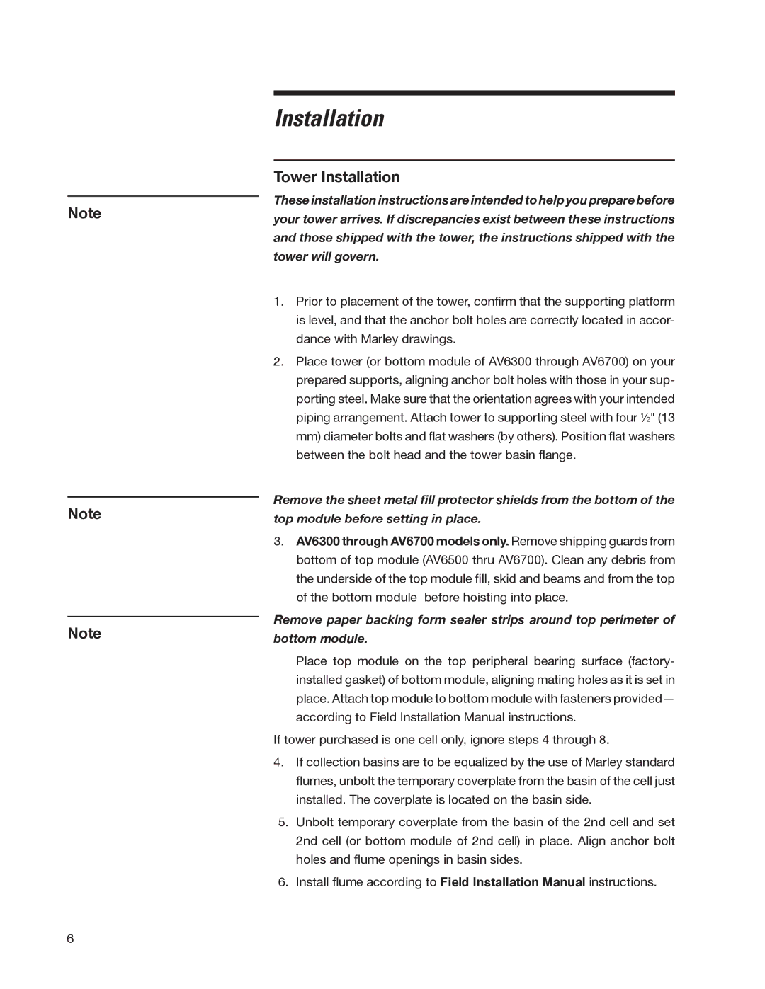 SPX Cooling Technologies 98-1514E user manual Tower Installation 