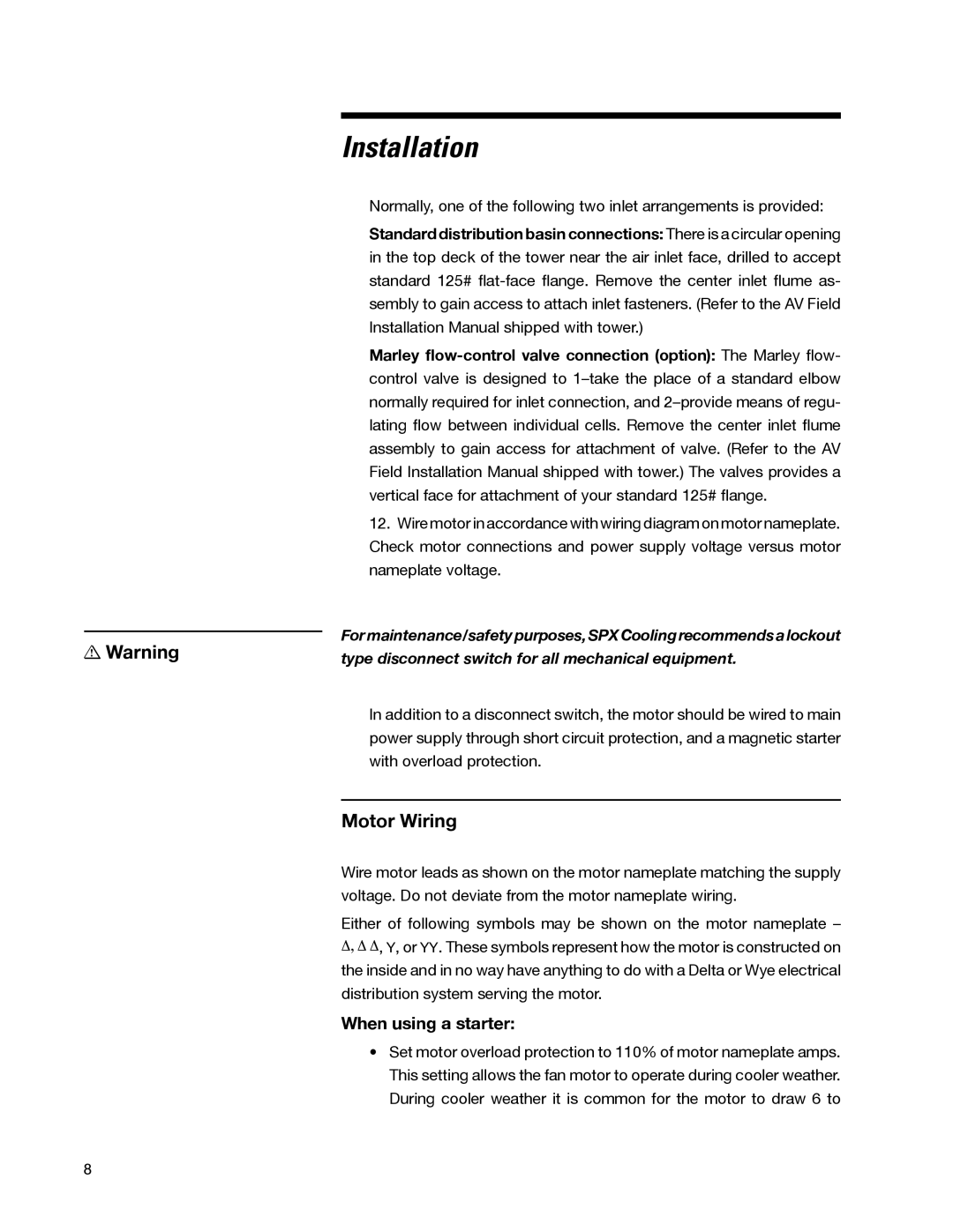 SPX Cooling Technologies 98-1514E user manual Motor Wiring, When using a starter 