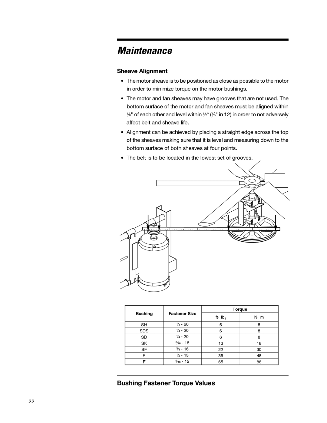 SPX Cooling Technologies 98-1514E user manual Bushing Fastener Torque Values, Sheave Alignment, Maintenance 