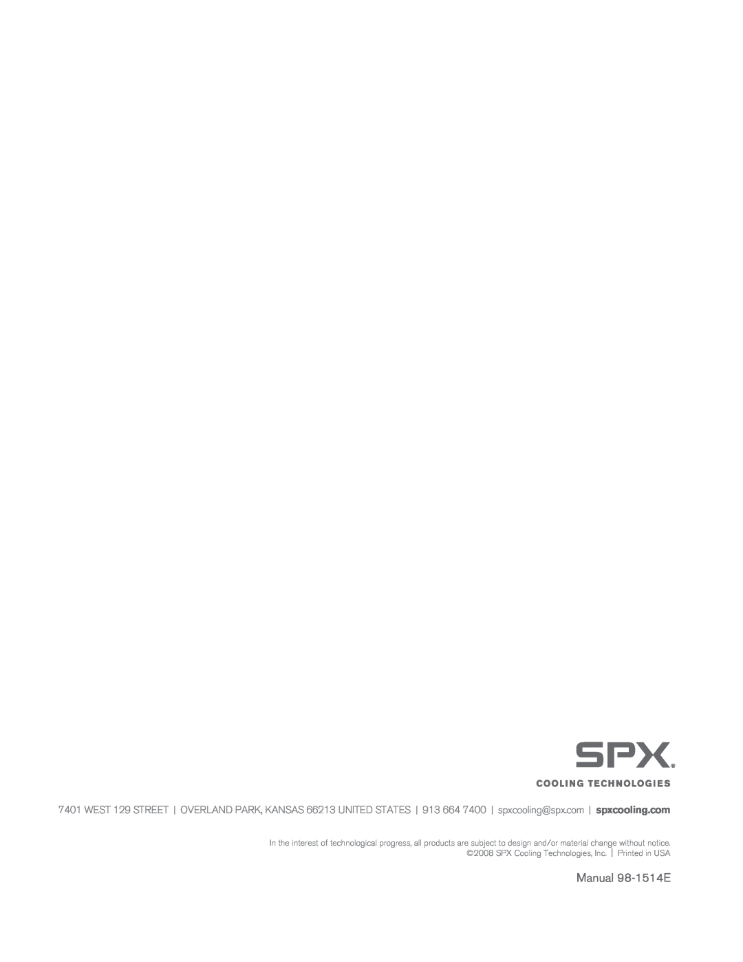 SPX Cooling Technologies user manual Manual 98-1514E 