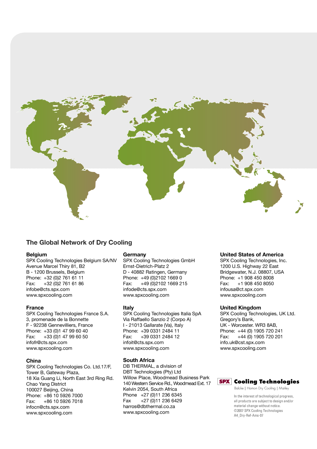 SPX Cooling Technologies Air Cooled Condensers manual Global Network of Dry Cooling 