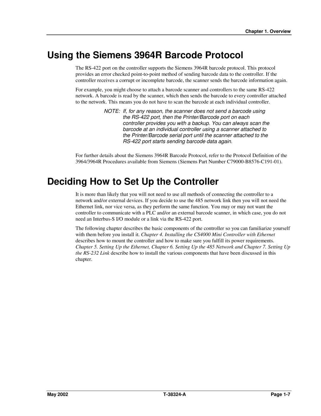 SPX Cooling Technologies CS4000 manual Using the Siemens 3964R Barcode Protocol, Deciding How to Set Up the Controller 