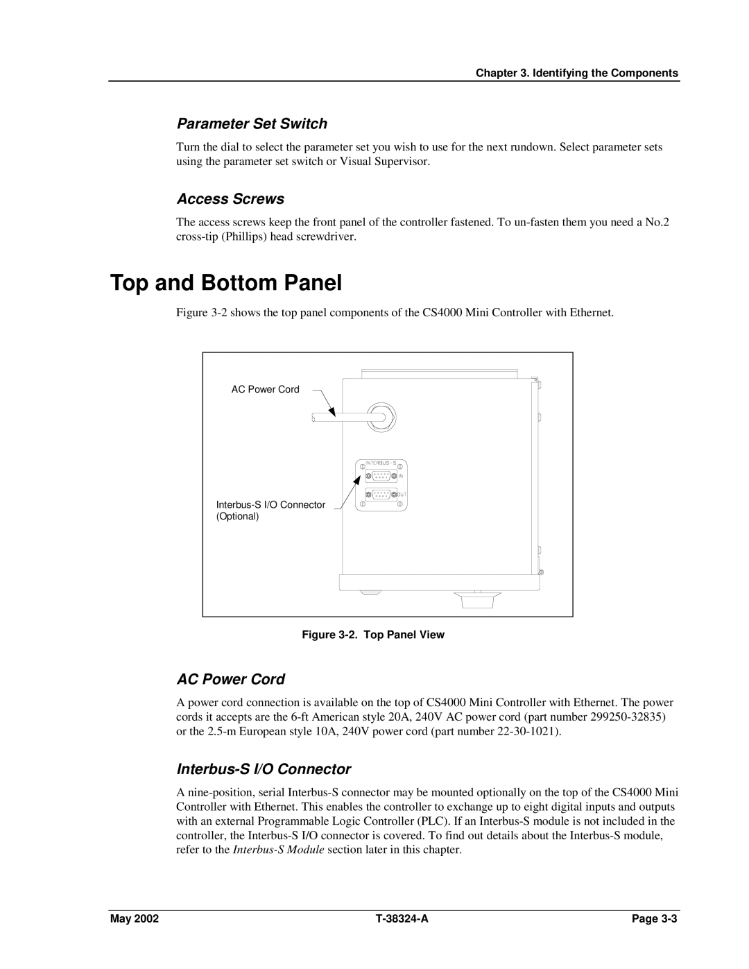 SPX Cooling Technologies CS4000 manual Top and Bottom Panel, Parameter Set Switch, Access Screws, AC Power Cord 