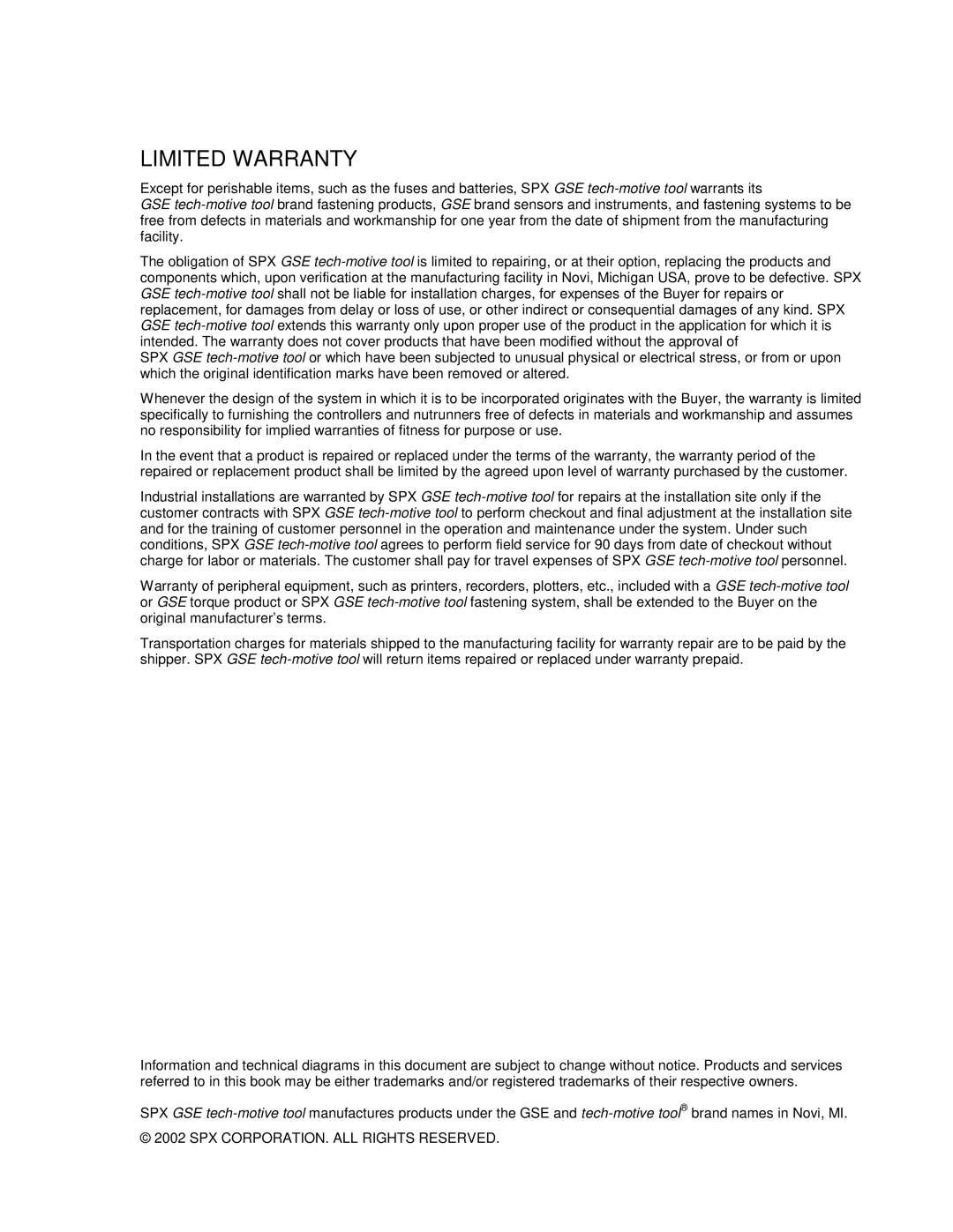 SPX Cooling Technologies CS4000 manual Limited Warranty 