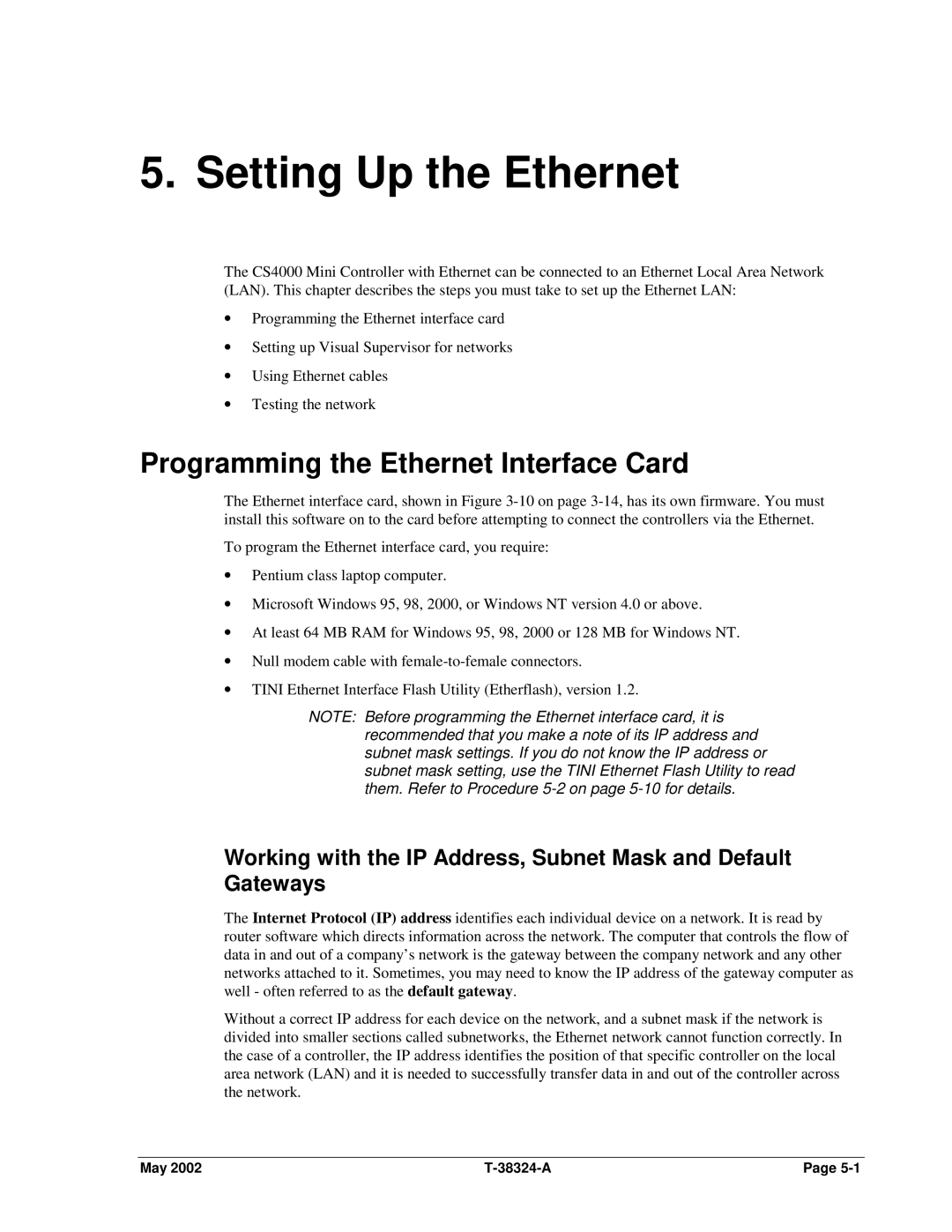 SPX Cooling Technologies CS4000 manual Setting Up the Ethernet, Programming the Ethernet Interface Card 