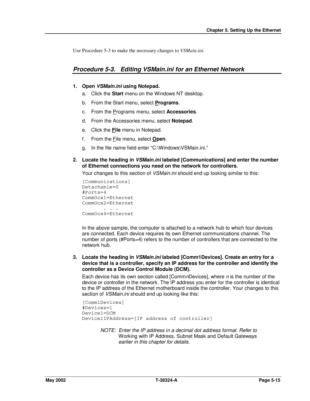 SPX Cooling Technologies CS4000 Procedure 5-3. Editing VSMain.ini for an Ethernet Network, Open VSMain.ini using Notepad 