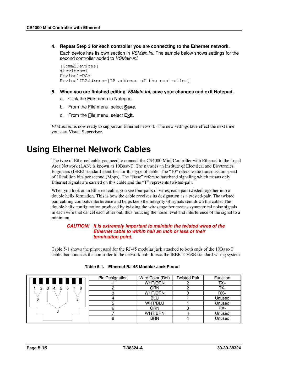 SPX Cooling Technologies CS4000 manual Using Ethernet Network Cables, Ethernet RJ-45 Modular Jack Pinout 