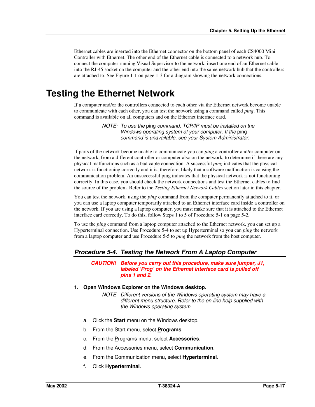 SPX Cooling Technologies CS4000 Testing the Ethernet Network, Procedure 5-4. Testing the Network From a Laptop Computer 