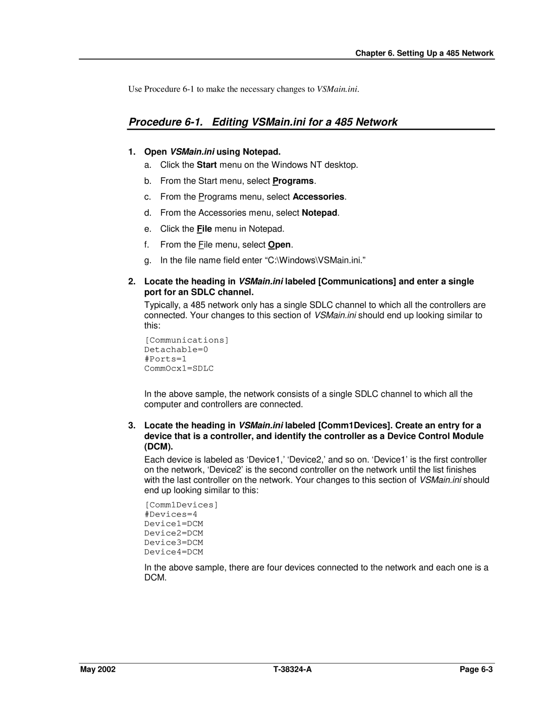 SPX Cooling Technologies CS4000 manual Procedure 6-1. Editing VSMain.ini for a 485 Network 