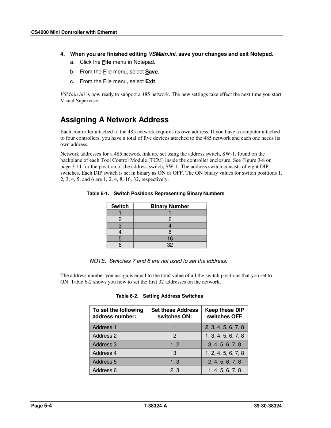 SPX Cooling Technologies CS4000 manual Assigning a Network Address, Switch Binary Number 