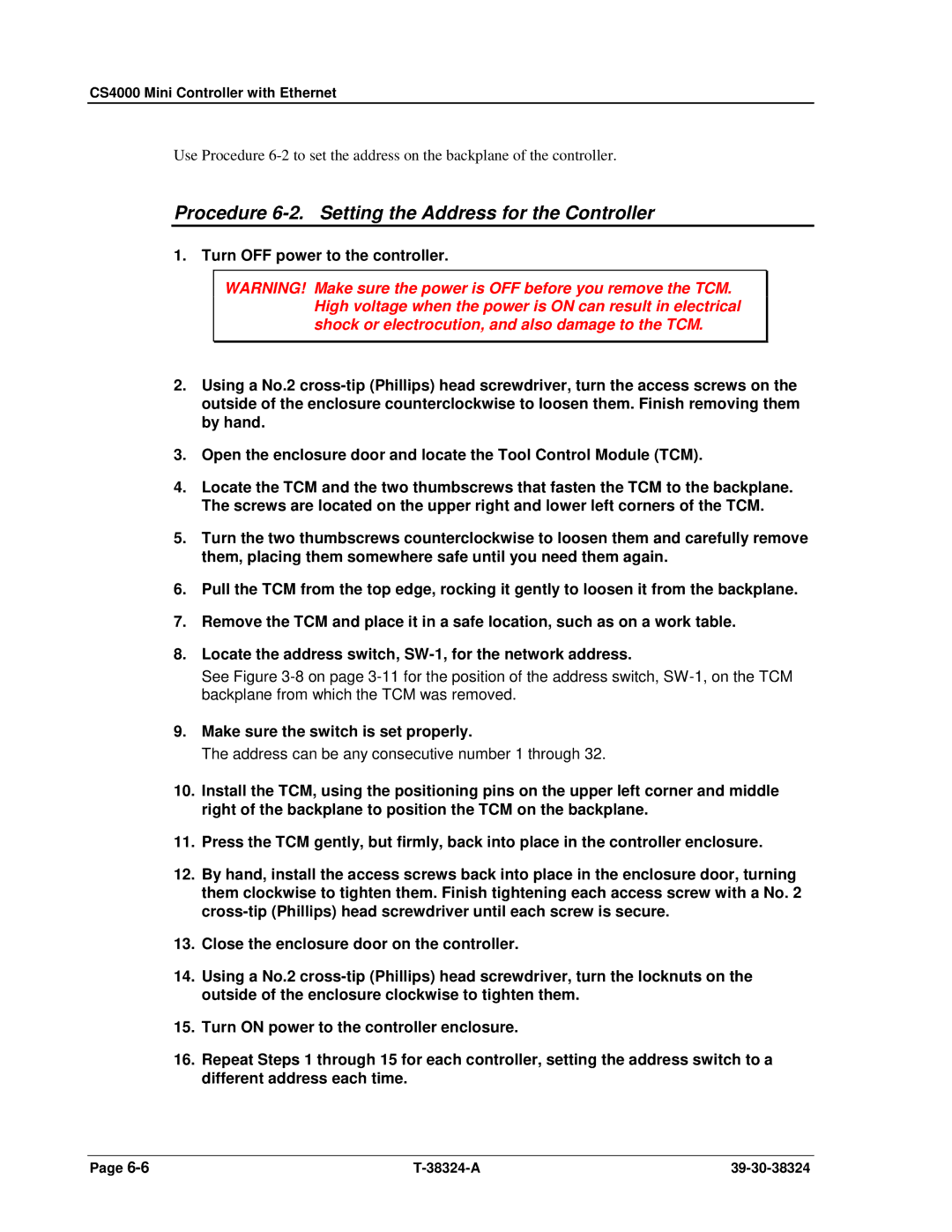 SPX Cooling Technologies CS4000 manual Procedure 6-2. Setting the Address for the Controller 