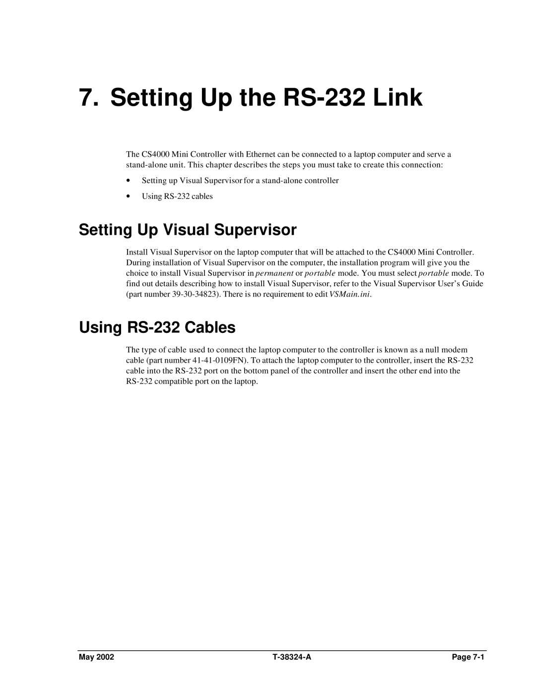 SPX Cooling Technologies CS4000 manual Setting Up the RS-232 Link, Setting Up Visual Supervisor, Using RS-232 Cables 