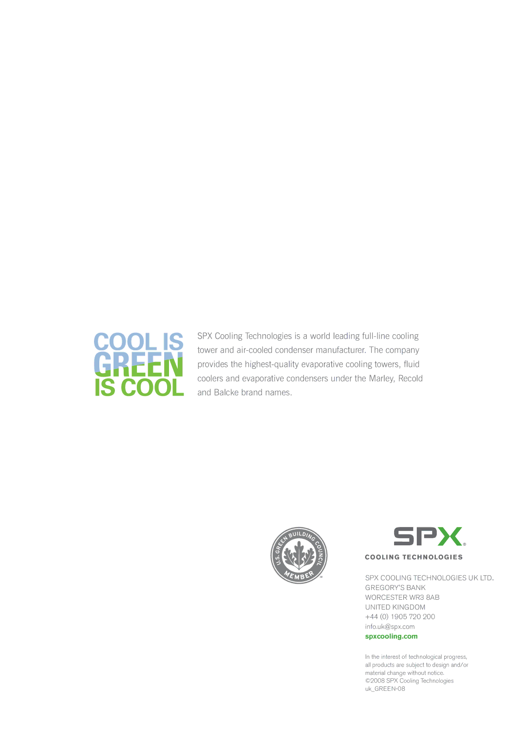 SPX Cooling Technologies Evaporative Cooling manual Worcester WR3 8AB United Kingdom 