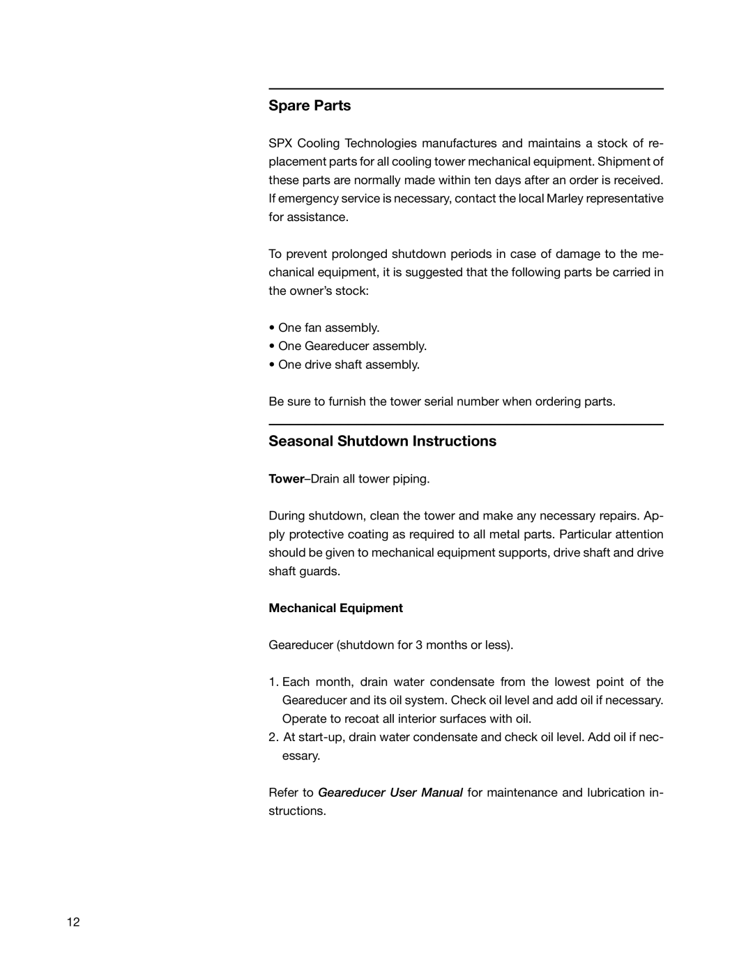 SPX Cooling Technologies F400 user manual Spare Parts, Seasonal Shutdown Instructions 