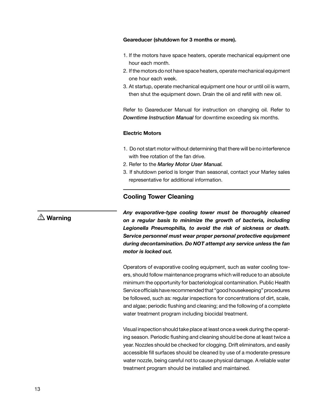 SPX Cooling Technologies F400 user manual Cooling Tower Cleaning, Geareducer shutdown for 3 months or more 