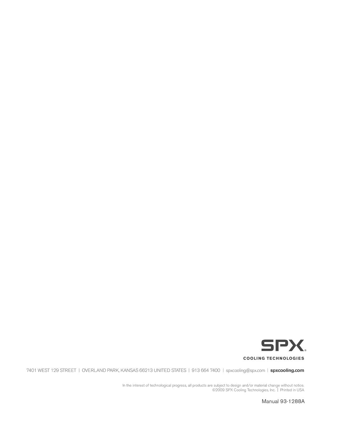 SPX Cooling Technologies F400 user manual Manual 93-1288A 