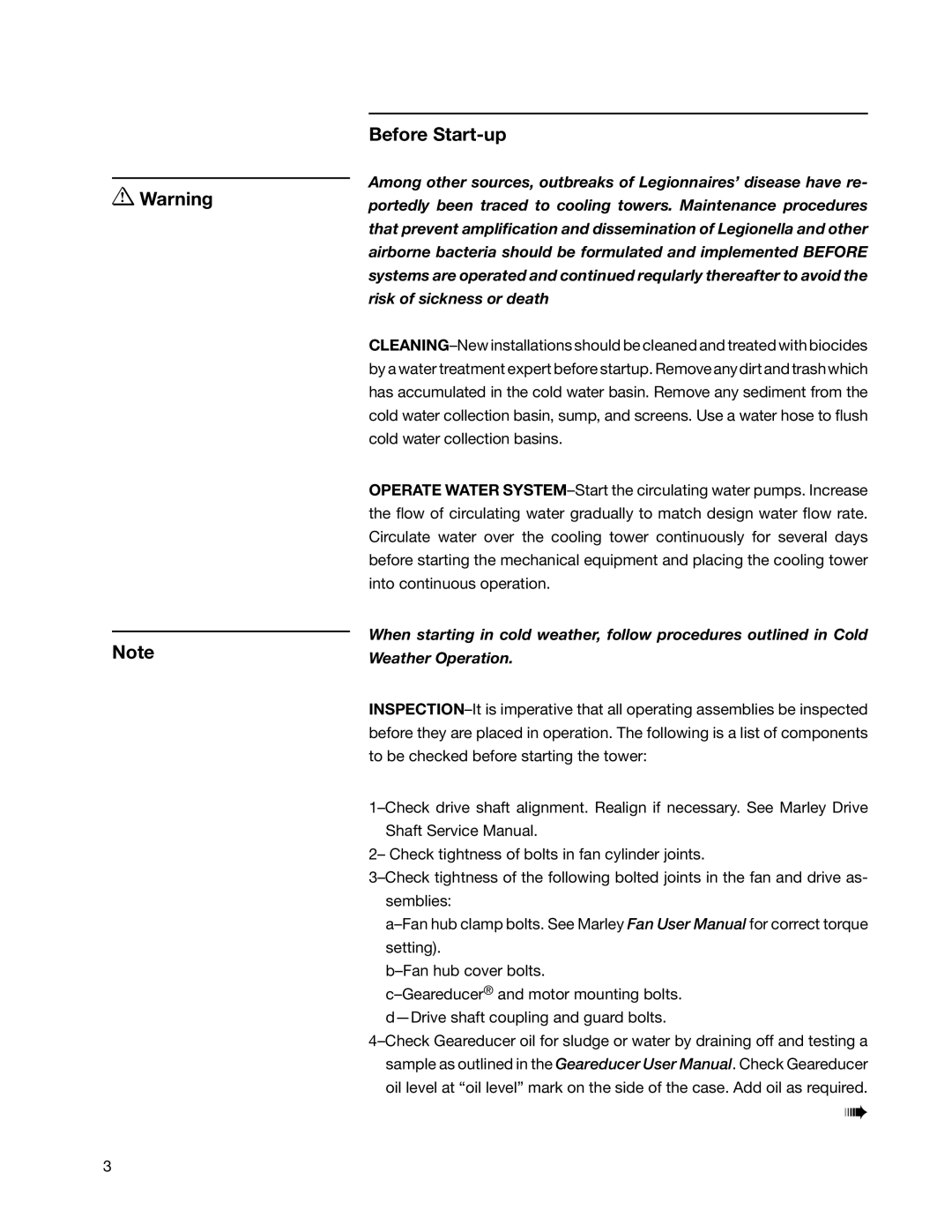 SPX Cooling Technologies F400 user manual Before Start-up 