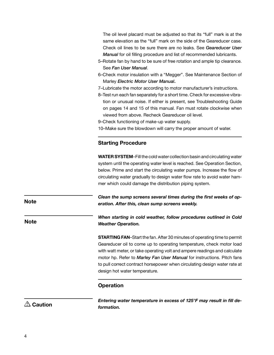 SPX Cooling Technologies F400 user manual Starting Procedure, Operation 