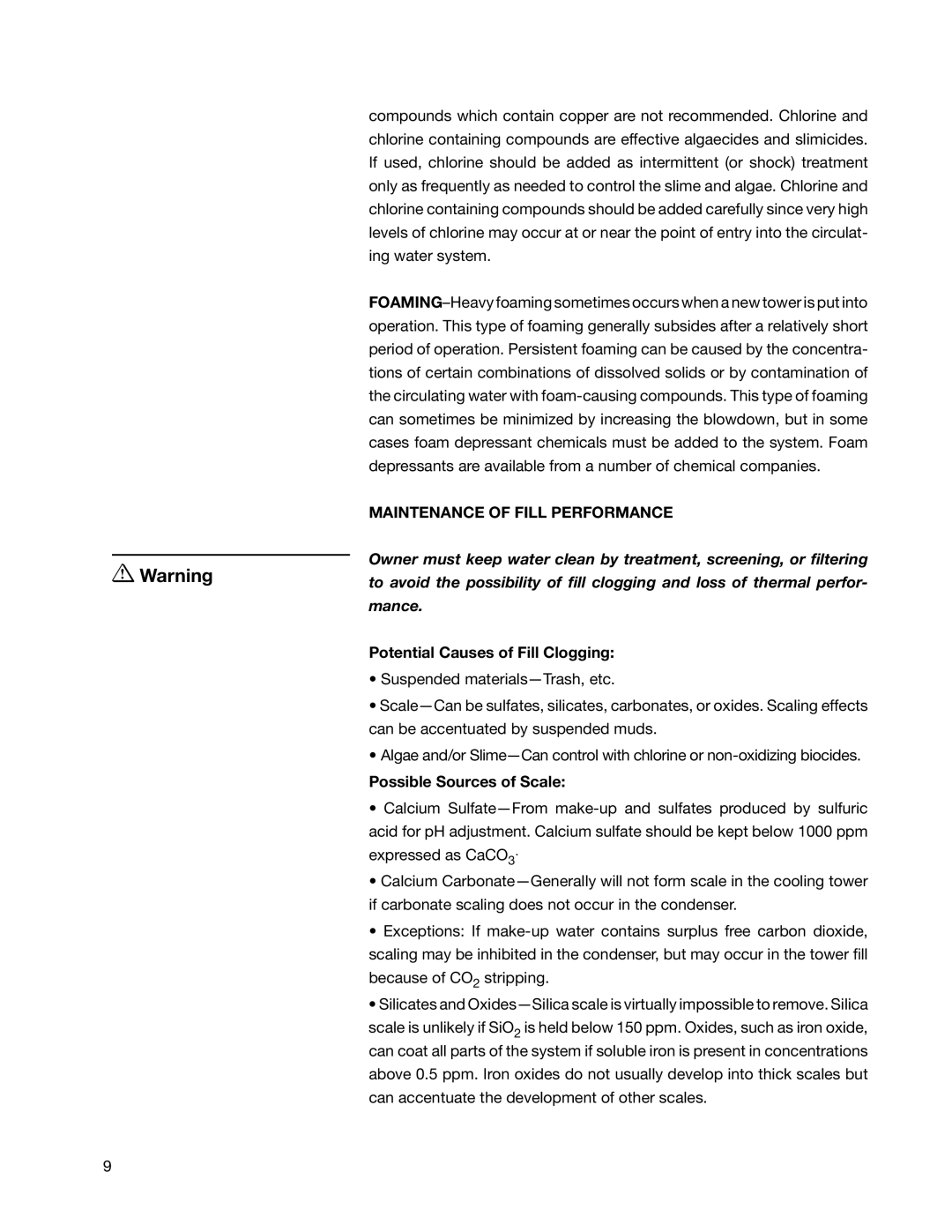 SPX Cooling Technologies F400 user manual Maintenance of Fill Performance 