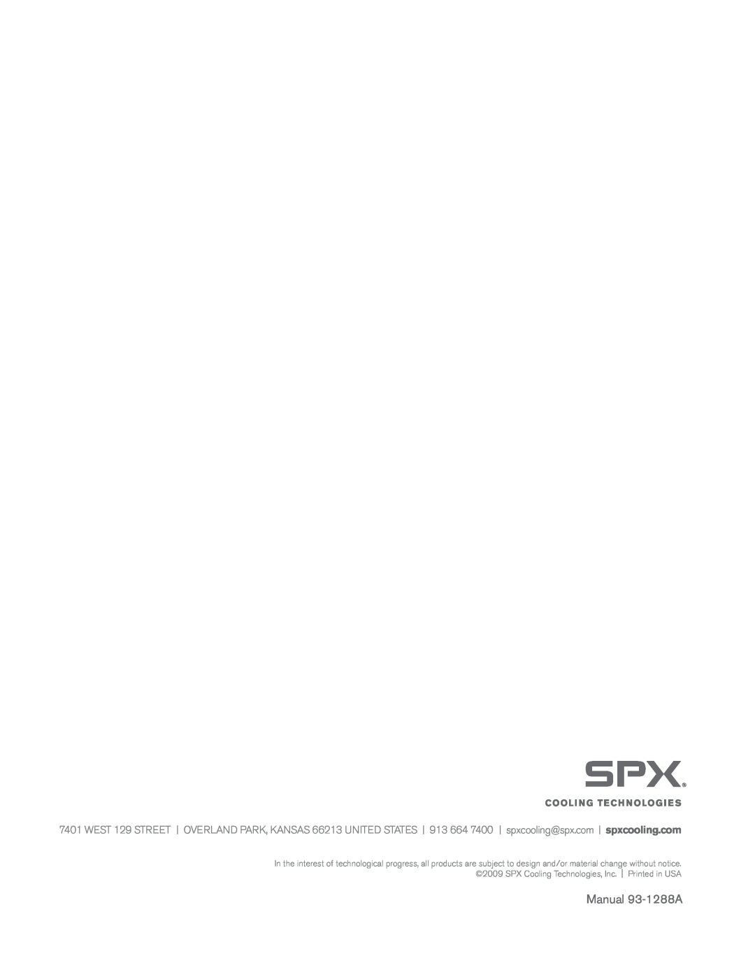 SPX Cooling Technologies F400 user manual Manual 93-1288A 