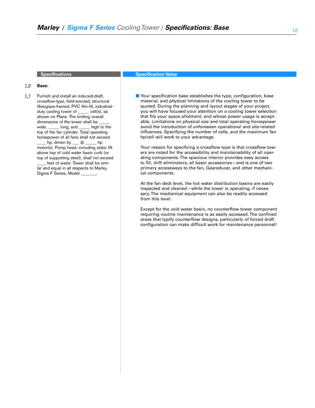 SPX Cooling Technologies FSIG-TS-08A specifications Marley / Sigma F Series CoolingTower / Specifications Base 