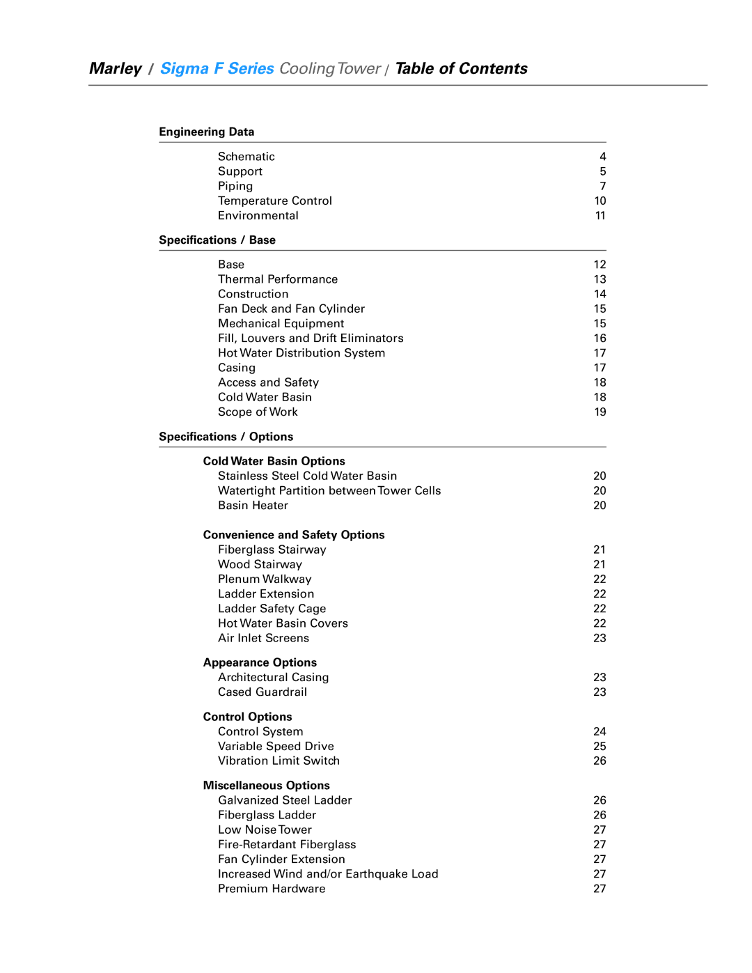 SPX Cooling Technologies FSIG-TS-08A specifications Marley / Sigma F Series CoolingTower / Table of Contents 